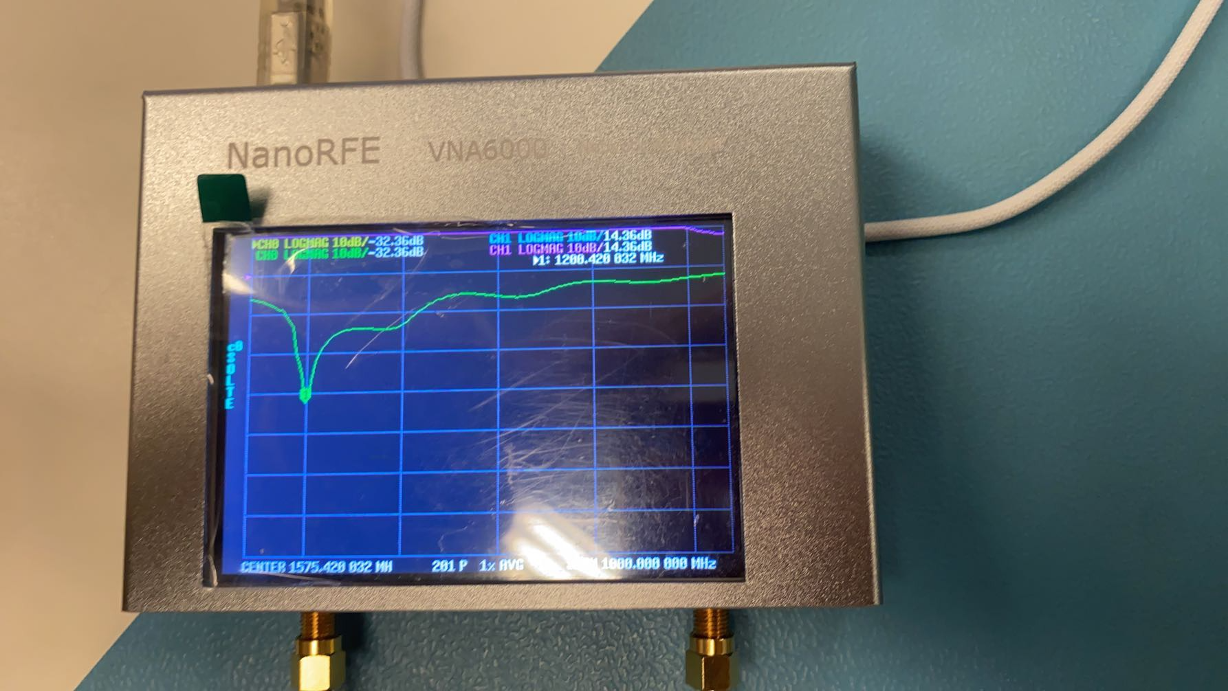 S11 (Reflection) Plot of Amplifier. 14.36 dB Gain and -32.36 dB Reflection @ 1.2 GHz